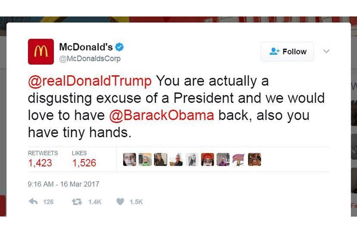 McDonald's corporate Twitter account calls Trump 'disgusting', demands Obama back