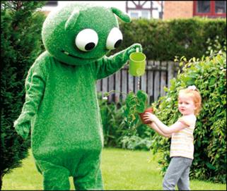 Katie, four, meets eco mascot at Hollandbush Nursery School