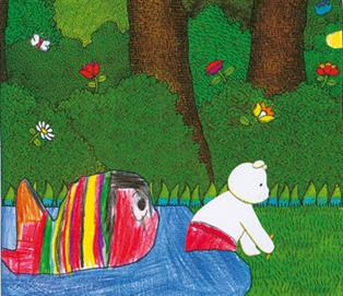 'Splash! He swam right across the lake and got out on the other side.' Alfie's artwork with Anthony Browne's words and pictures from Bear's Magic Pencil