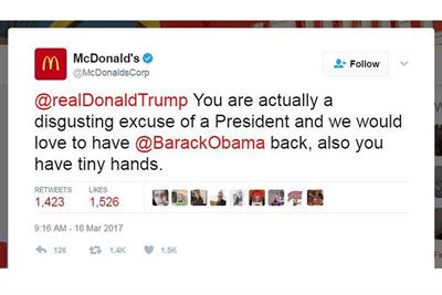 McDonald's corporate Twitter account calls Trump 'disgusting', demands Obama back