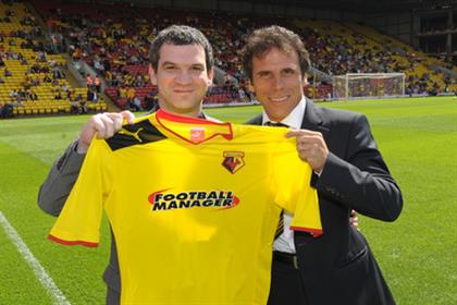 Shirt sponsor Miles Jacobson (left) and Watford’s Gianfranco Zola