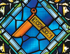 A stained glass window in the Freemasons' Hall, London