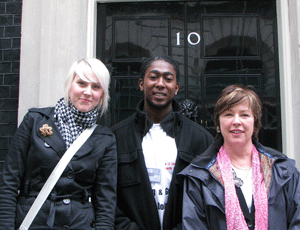 Young volunteers Kelly Wright, 21, from Derby and Jean-Pierre Ferguson, 21, from London, with volunteering charity v ‘s chief executive Terry Ryall at Downing Street yesterday for the launch of the Government’s white paper on social mobility