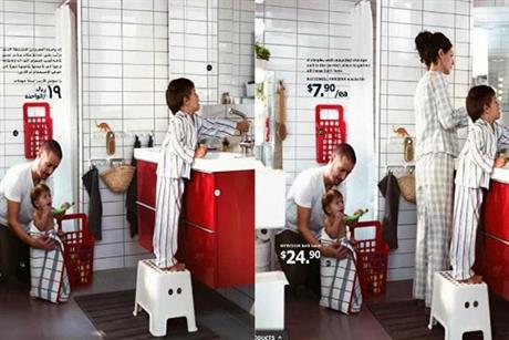 Ikea: woman is airbrushed out of photo (left) for Saudi Arabian catalogue