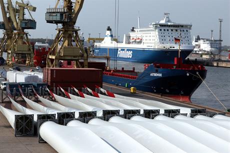 Non-domestic: Nordex blades ready to be shipped from Rostock, Germany, to Turkey
