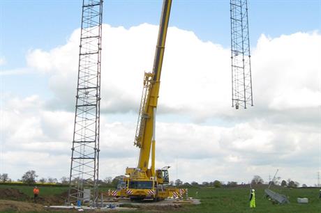 Going up… Met mast installation at Vatenfall's Swindford wind farm in the UK