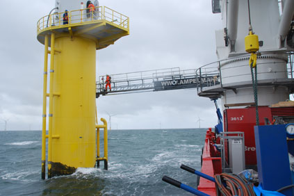 The recently completed monopile filling process at the Dutch OWEZ wind farm