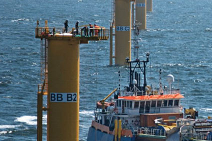 Transition pieces sit on top of monopiles at Belwind wind farm