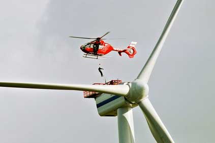 A turbine being serviced at the neighbouring Greater Gabbard Offshore Wind Farm