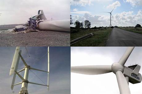 Clockwise from top left - Ming Yang turbine collapse, Alstom Haliade, Vestas V112, Vertiwind's 35kW prototype