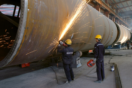 A wind turbine tower being produced in Jiliang 