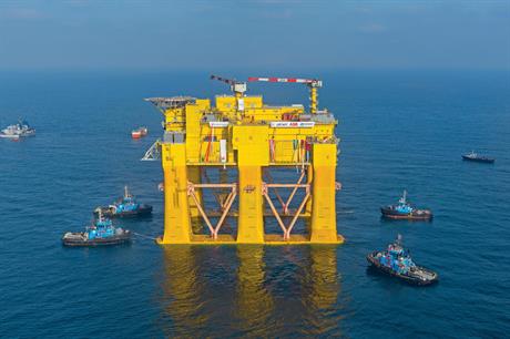 Five tugs helped ship the platform 24 miles offshore