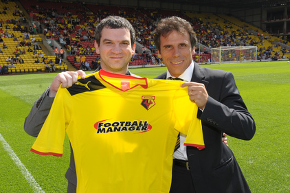 Shirt sponsor Miles Jacobson (left) and Watford’s Gianfranco Zola