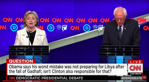 Hillary Clinton and Bernie Sanders at Thursday night's Democratic debate in Brooklyn, N.Y. (Image via CNN's YouTube page).
