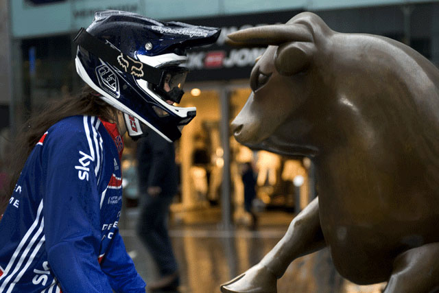BMX: a rider goes head-to-head with a bull at Birmingham's Bullring