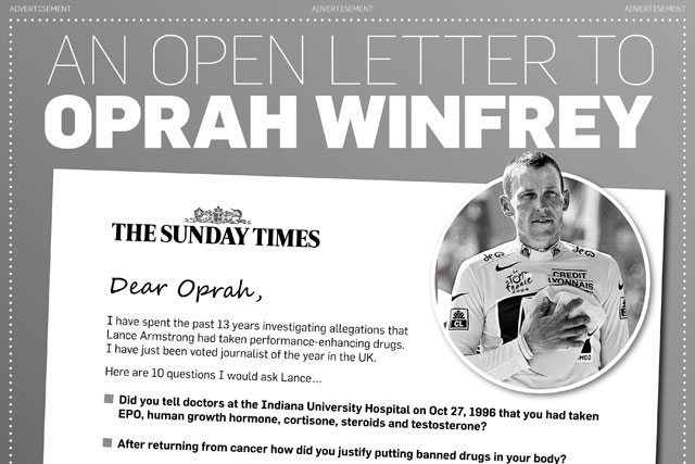 The Sunday Times: lists questions for Lance Armstrong in US newspaper ad