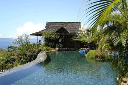 View over the pool at Mandalay, Felix Dennis' Mustique hideaway