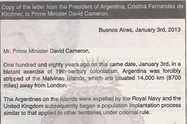 Argentine ad: the country's president appeals to David Cameron over the Falklands
