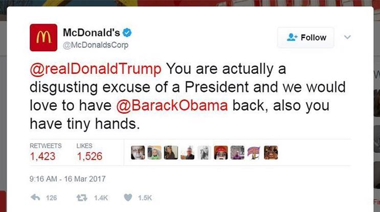 McDonald's corporate Twitter account calls Trump 'disgusting', demands Obama back