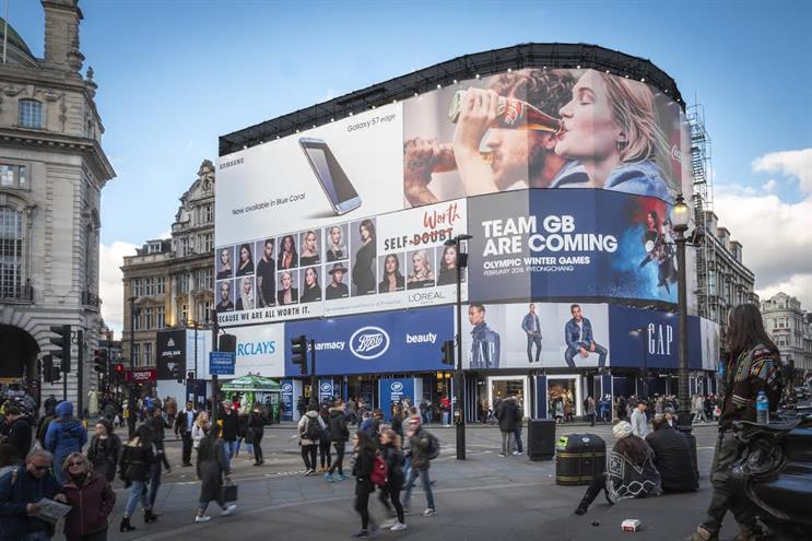 Piccadilly Circus: a temporary banner will cover the site during construction