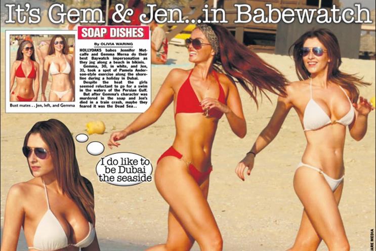 Page 3: replaces topless model with actresses in bikinis
