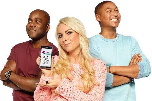 Three: sponsors Kiss FM's breakfast show, presented by Melvin Odoom, Charlie Hedges, and Rickie Haywood Williams