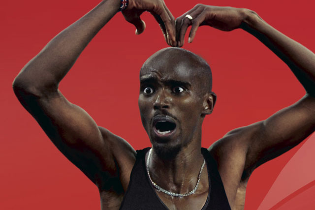 Mo Farah: celebrates with his Mobot in Virgin Media ad