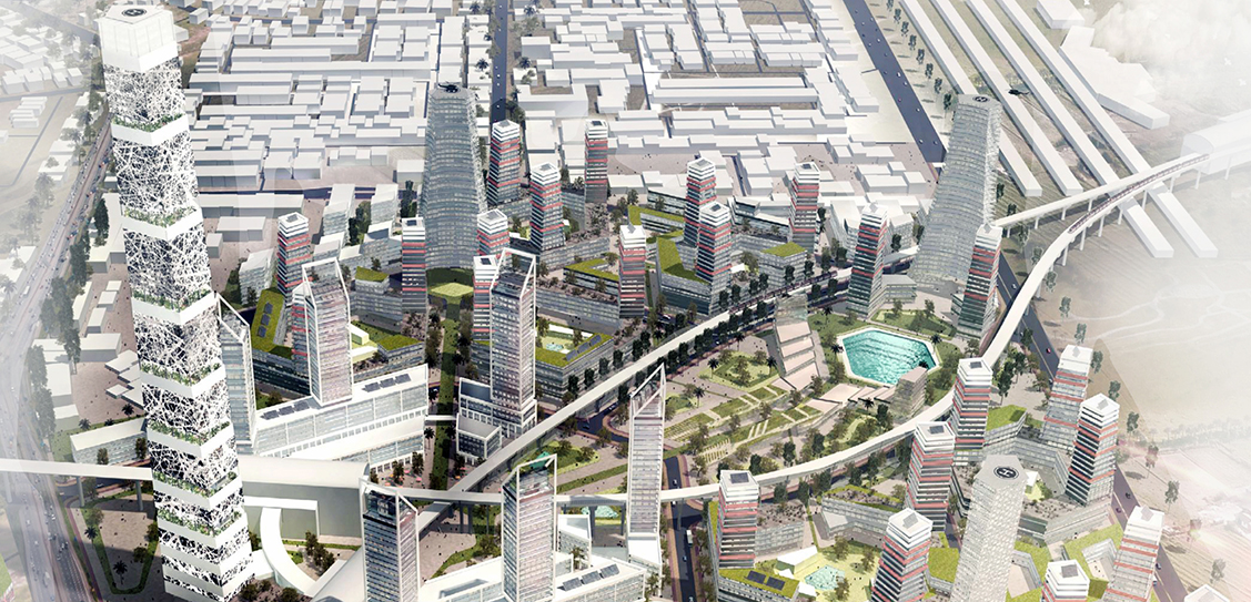 An aerial visualization of the transit-oriented development (TOD). CP Kukreja Architects