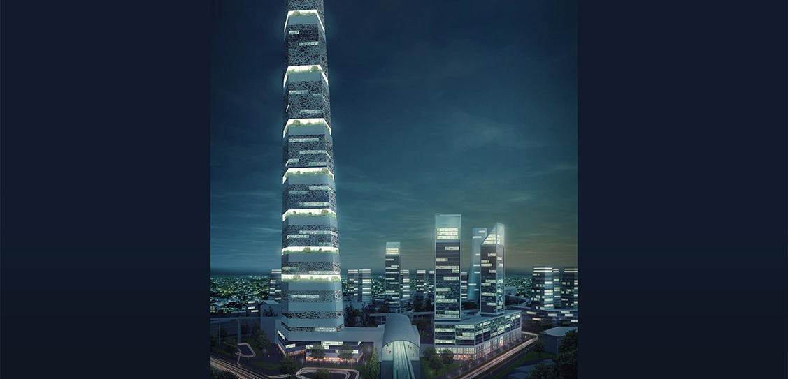 An evening view of the tallest 100-storeyed residential tower CP Kukreja Architects
