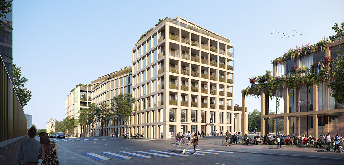 Food courts on the ground and offices above seen from Avenue Benoît Frachon