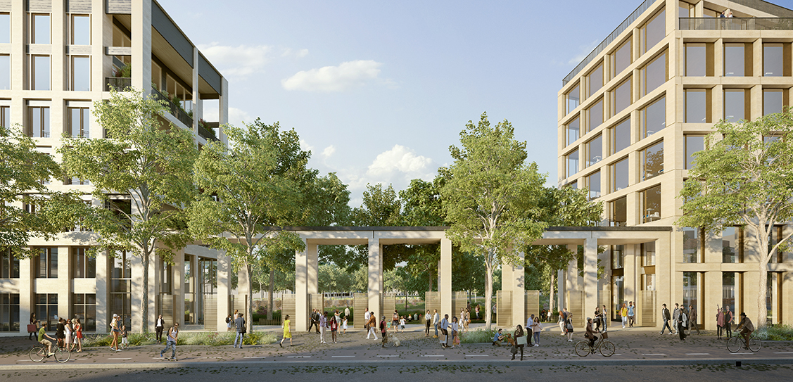 Entrance to the food court and garden seen from Avenue Benoît Frachon