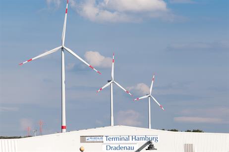 Eurogate's turbine in the foreground is taller than the other two at the port, and provide half of Eurogate's energy needs