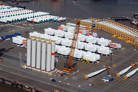The Senvion 6M nacelles and tower being stored at Bremerhaven Port, Germany