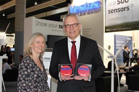 Klaus Steen Mortensen, President of Vestas Northern Europe receives two awards:  Turbine of the Year Best Drivetrain 2013 for the Vestas 2MW DFIG platform, and Best Innovation 2013 for its V164-8.0MW chassis.