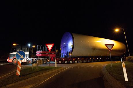 One part of the 133 metre tower being transported to the prototype site in Østerild