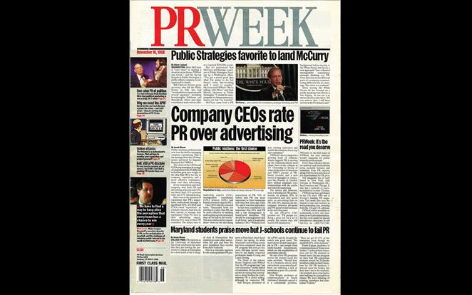 The cover of the very first PRWeek from Nov. 16, 1998. The broadsheet publication was printed weekly at the beginning.