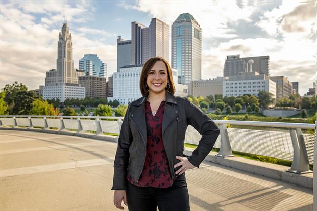 Tara Smith, Intel’s CCO, GM and corporate VP of the company’s corporate communications group on the Rich Street Bridge in Columbus, Ohio. Intel’s new chip manufacturing factories are being built in Licking County, just outside the state capital. (Credit: Harry Acosta)
