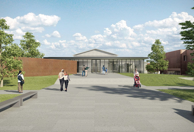 Walkway to new entrance to museum building, rendering, Selldorf Architects