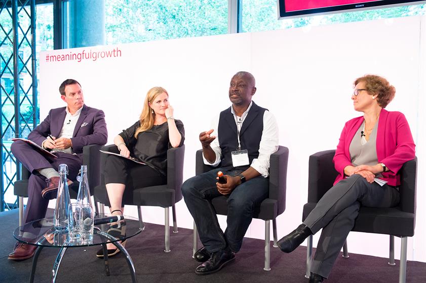 Driving the New Economy session (L-R);  Paul Frampton – CEO, Havas Media UK; Katherine Trebeck – global research and policy advisor, Oxfam; Albert Tucker – director of Karma Kola UK, chair of the Renewable Power Exchange and trusteee of the BIG Lottery Fund; Karen Hamilton – global vice president sustainable business, Unilever