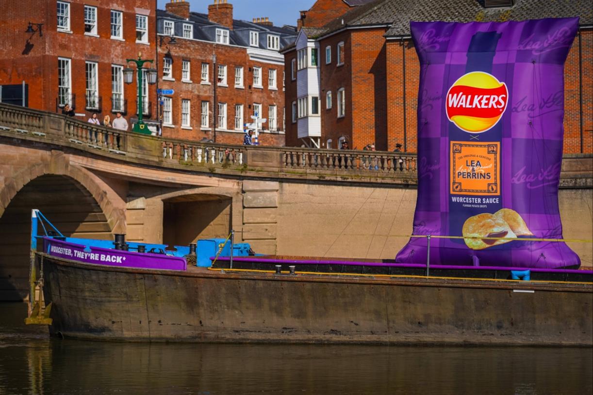 Walkers floats giant crisp packet on river to mark return of Worcester sauce flavour