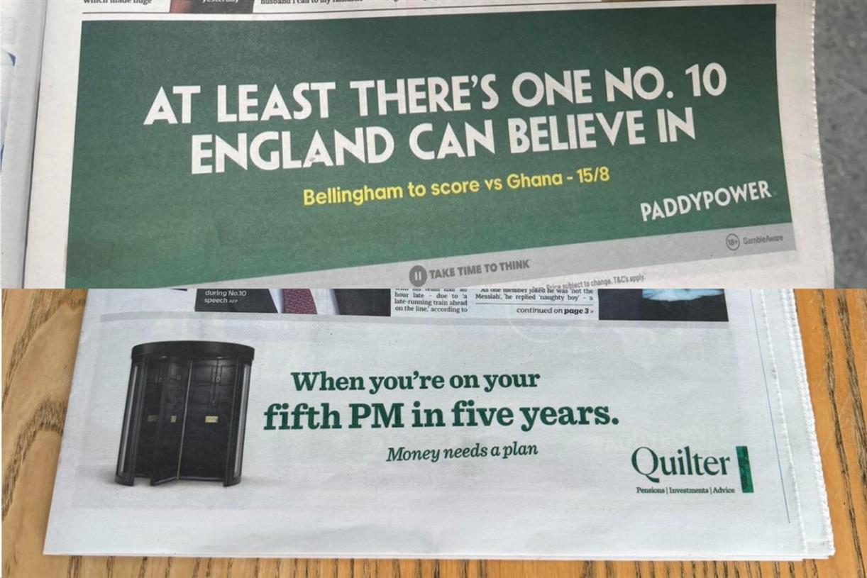 Paddy Power and Quilter react to Sir Keir Starmer’s departure in newspaper ads