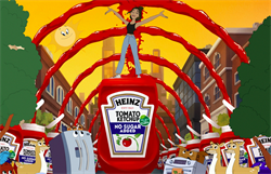 heinz animated commercial showing woman standing on top of giant ketchup bottle