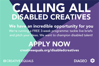 A call-to-action for DisabledCreatives 'Calling all disabled creatives' to apply to three-week programme