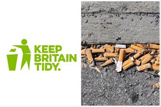 The Keep Britain Tidy logo and a load of cigarette butts littering a road