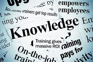A collage of newspaper clipping, with headlines containing words and phrases such as 'knowledge', 'training gives massive ROI' and empowers employees'
