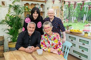 Channel 4's Great British Bake Off hosts Noel Fielding and Matt Lucas with judges Paul Hollywood and Prue Leith