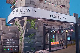 An animated, rustic-looking wooden shop built into the side of a castle pillar. The storefront banner reads 'John Lewis & Partners'. Further on, text reads 'Ye Olde Castle Shop'