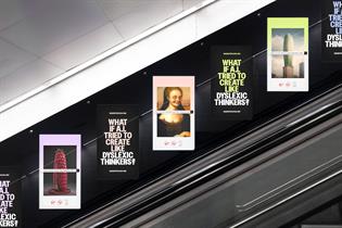Photo of digital posters from "DyslexAI" show across screens in a London tube station