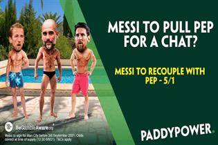 An ad for Paddy Power which mimics Love Island, the text reads: "Messi to pull Pep for a chat?"
