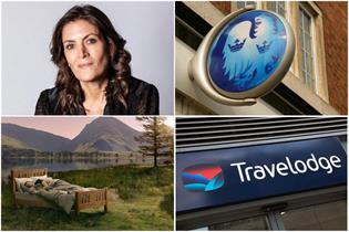 A collage of pictures: Dentsu's Wendy Clark, a Barclays sign, a bed in a field and the outside of a Travelodge